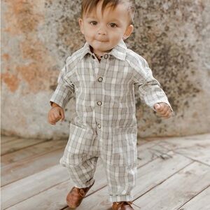 Rylee + Cru Collared Baby Jumpsuit in Pewter